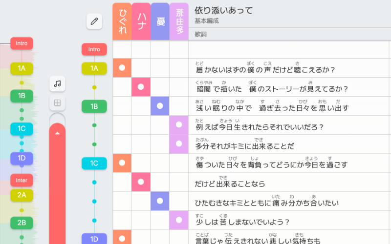 プラクティス：歌詞と担当を読みやすく整理の画面